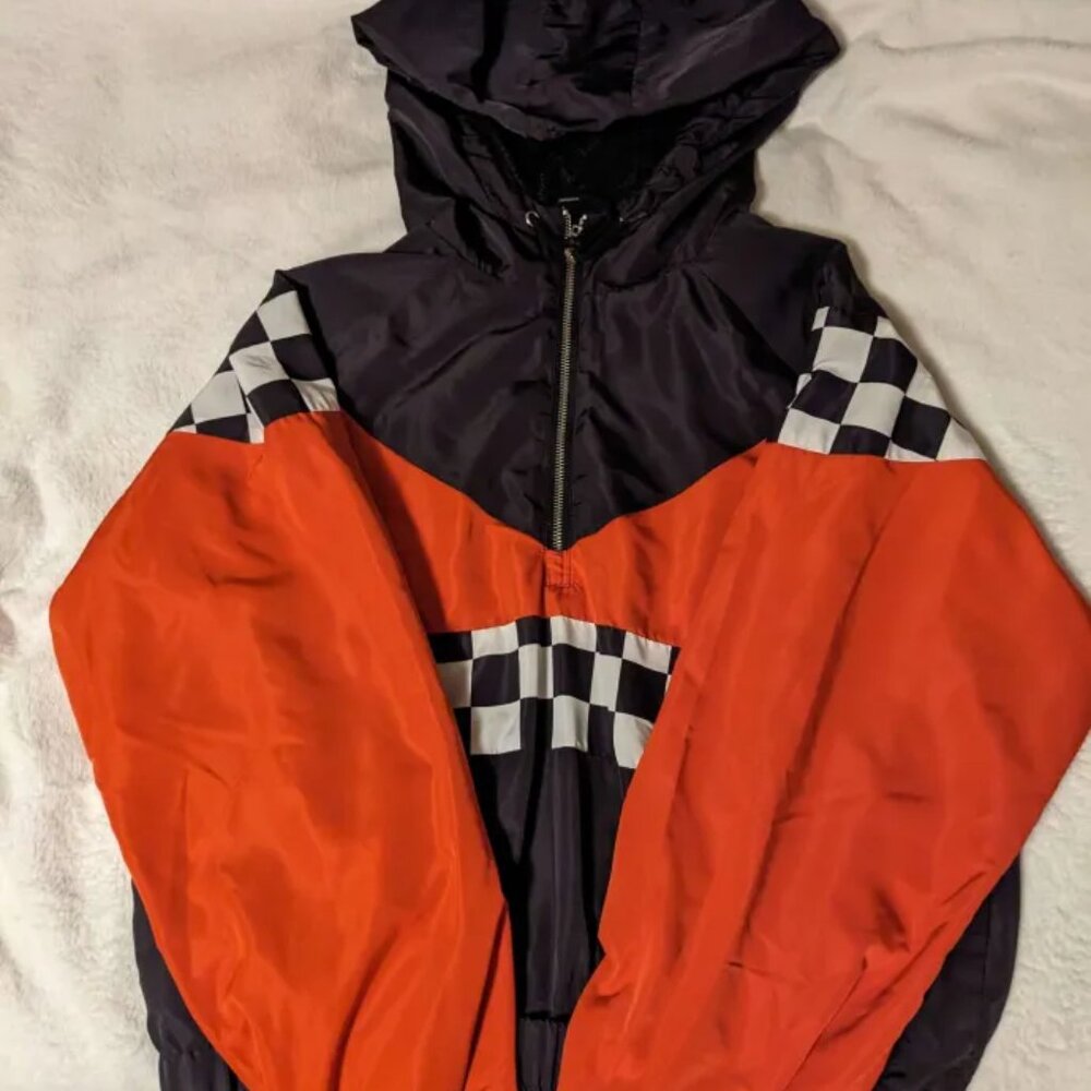 Red, Black, & Checkered Cropped Quarter-Zip Water-Resistant Hooded Jacket